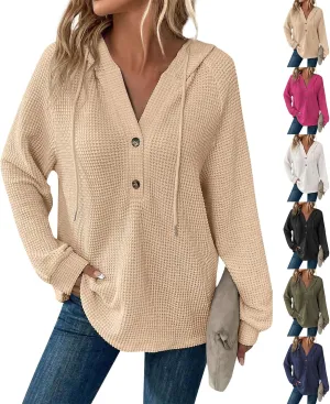 Hoodies for Women Waffle Knit Drawstring Button V Neck Hooded Oversized Sweatshirt Casual Comfy Pullover Sweater