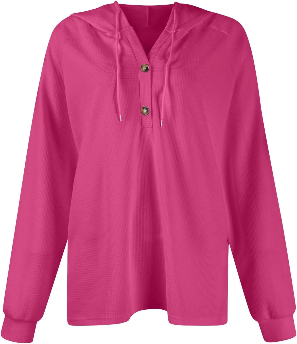 Hoodies for Women Waffle Knit Drawstring Button V Neck Hooded Oversized Sweatshirt Casual Comfy Pullover Sweater