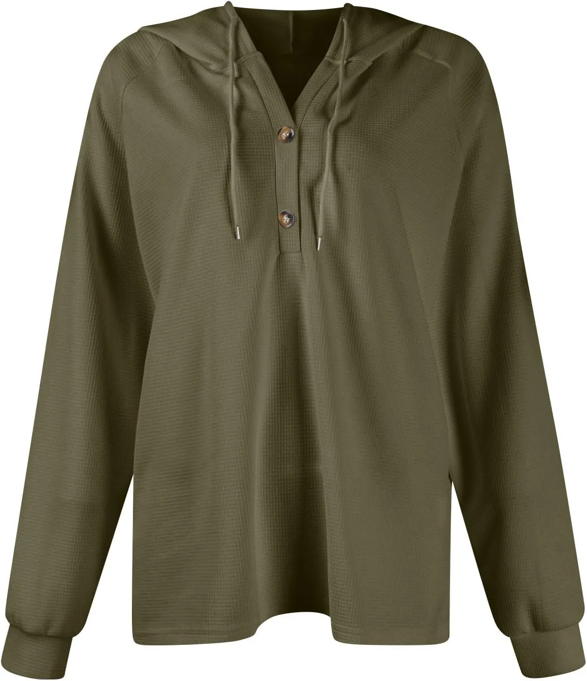 Hoodies for Women Waffle Knit Drawstring Button V Neck Hooded Oversized Sweatshirt Casual Comfy Pullover Sweater