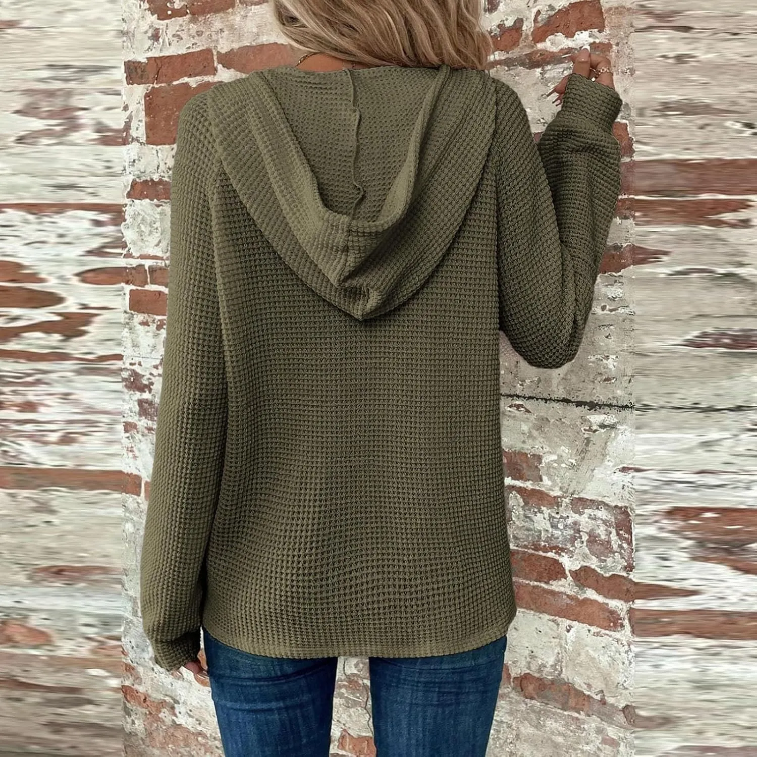 Hoodies for Women Waffle Knit Drawstring Button V Neck Hooded Oversized Sweatshirt Casual Comfy Pullover Sweater