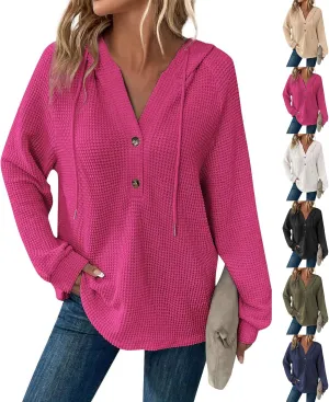 Hoodies for Women Waffle Knit Drawstring Button V Neck Hooded Oversized Sweatshirt Casual Comfy Pullover Sweater