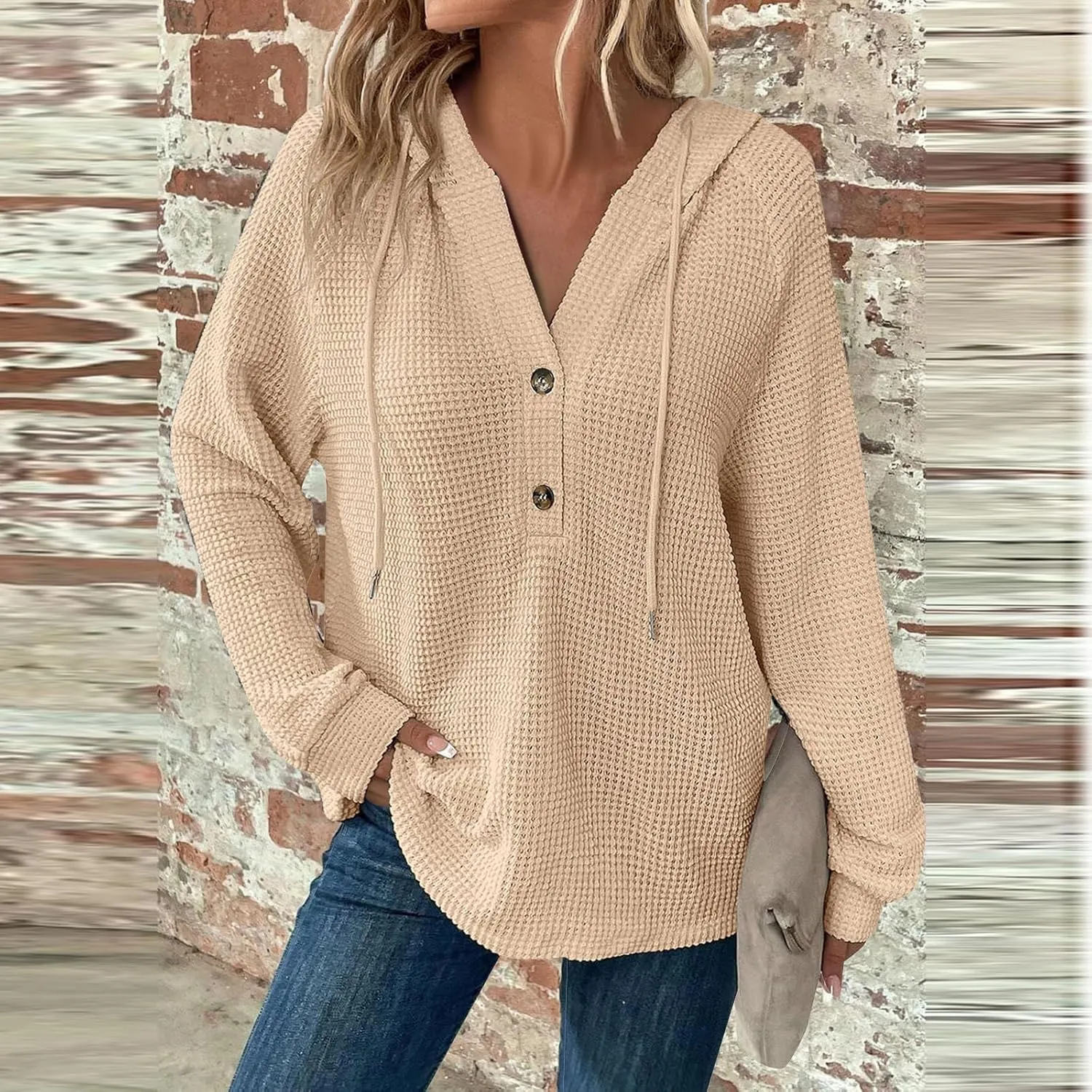 Hoodies for Women Waffle Knit Drawstring Button V Neck Hooded Oversized Sweatshirt Casual Comfy Pullover Sweater