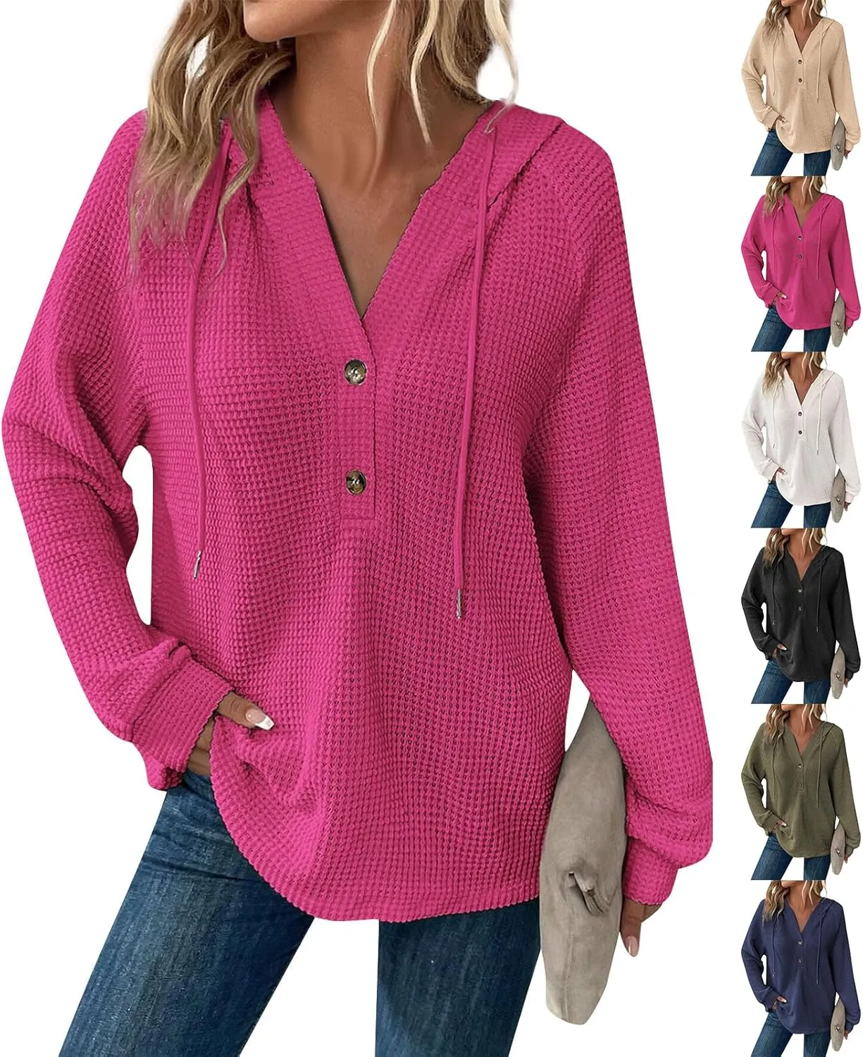 Hoodies for Women Waffle Knit Drawstring Button V Neck Hooded Oversized Sweatshirt Casual Comfy Pullover Sweater