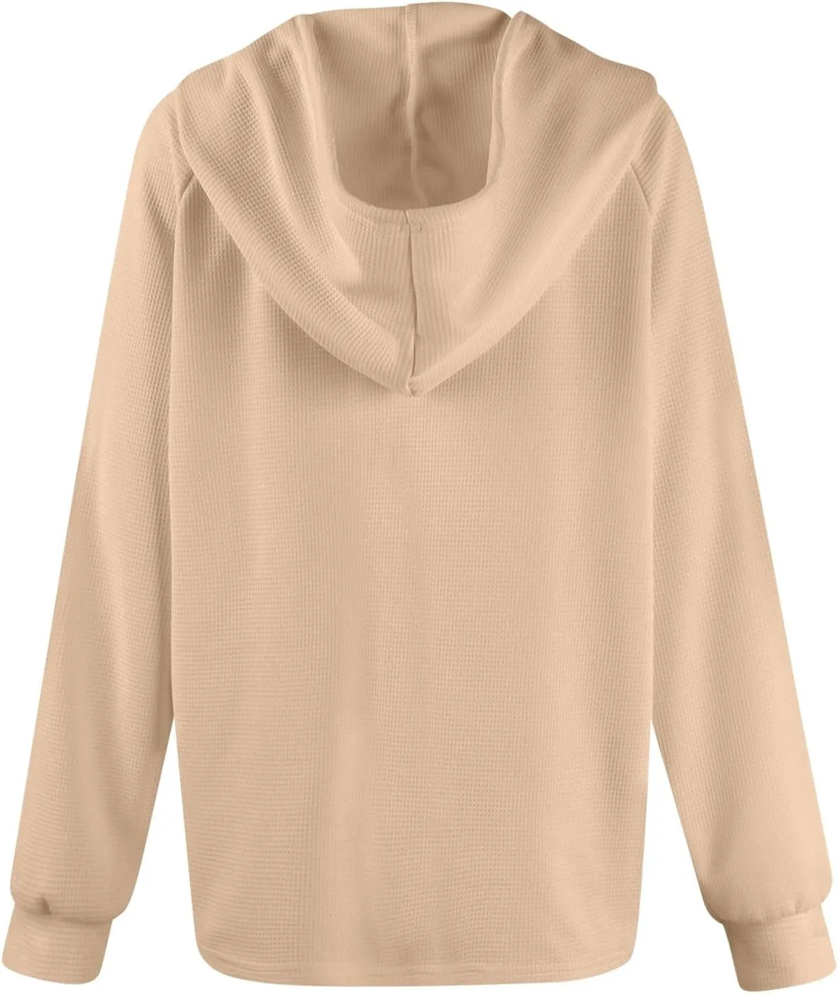 Hoodies for Women Waffle Knit Drawstring Button V Neck Hooded Oversized Sweatshirt Casual Comfy Pullover Sweater