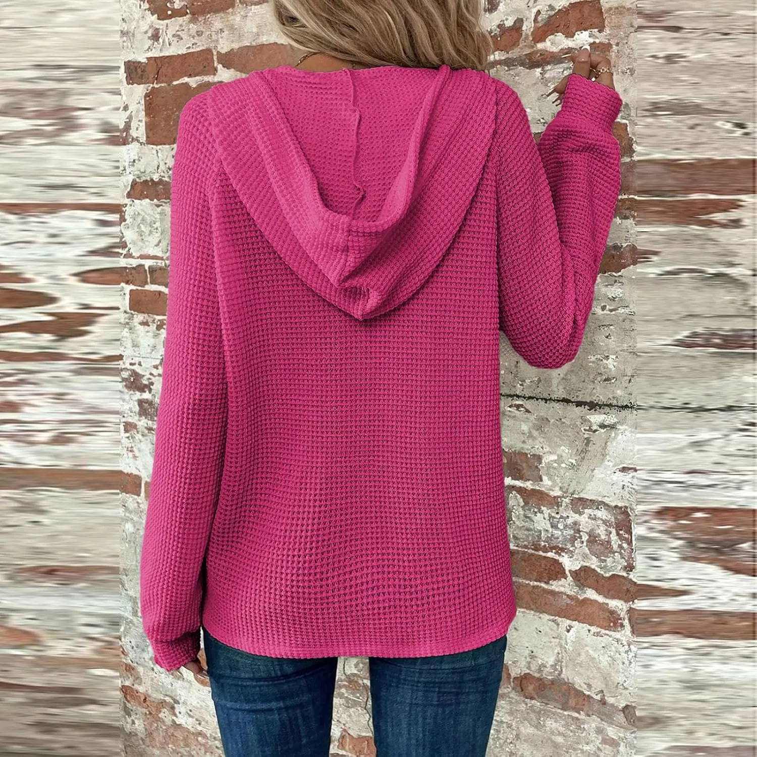 Hoodies for Women Waffle Knit Drawstring Button V Neck Hooded Oversized Sweatshirt Casual Comfy Pullover Sweater