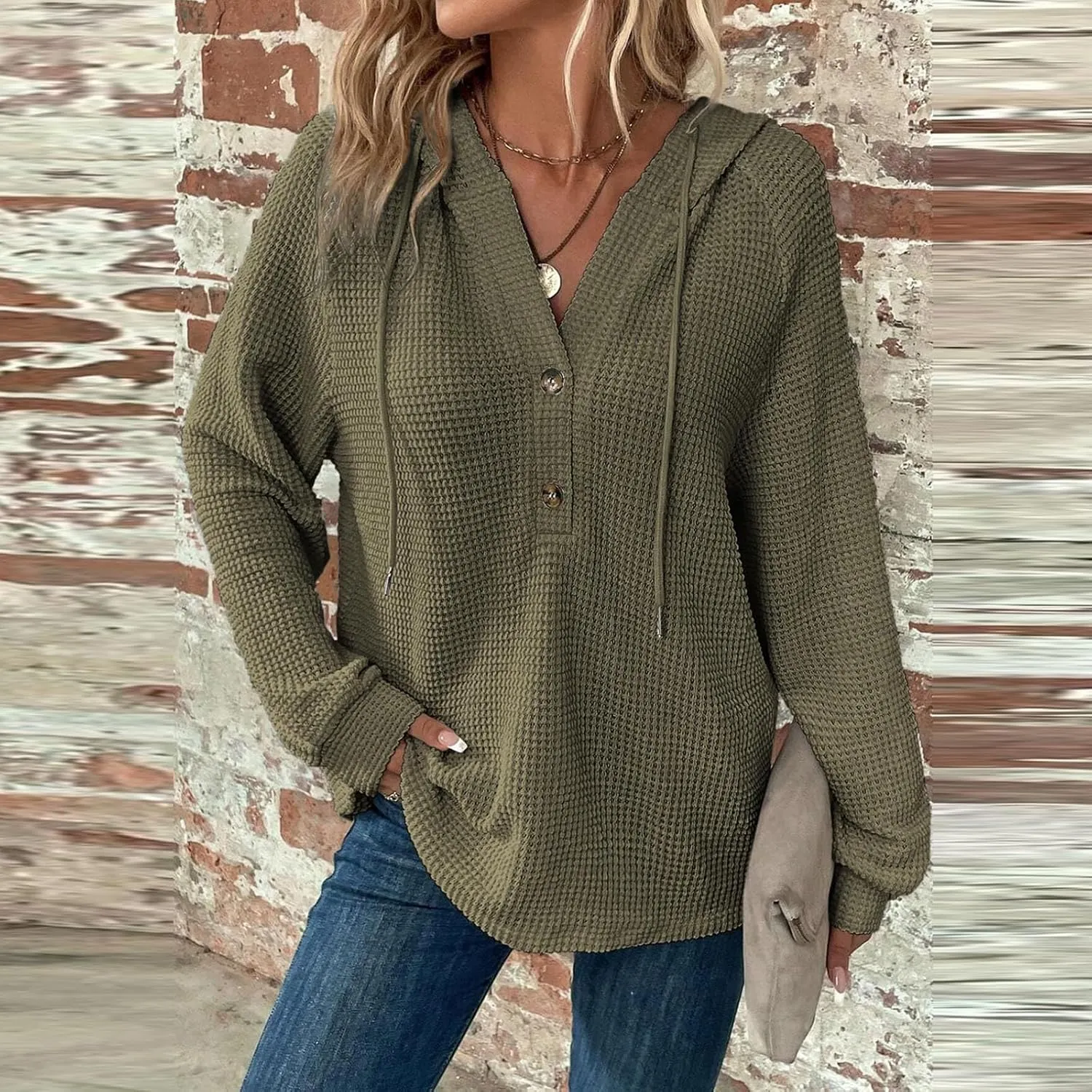 Hoodies for Women Waffle Knit Drawstring Button V Neck Hooded Oversized Sweatshirt Casual Comfy Pullover Sweater