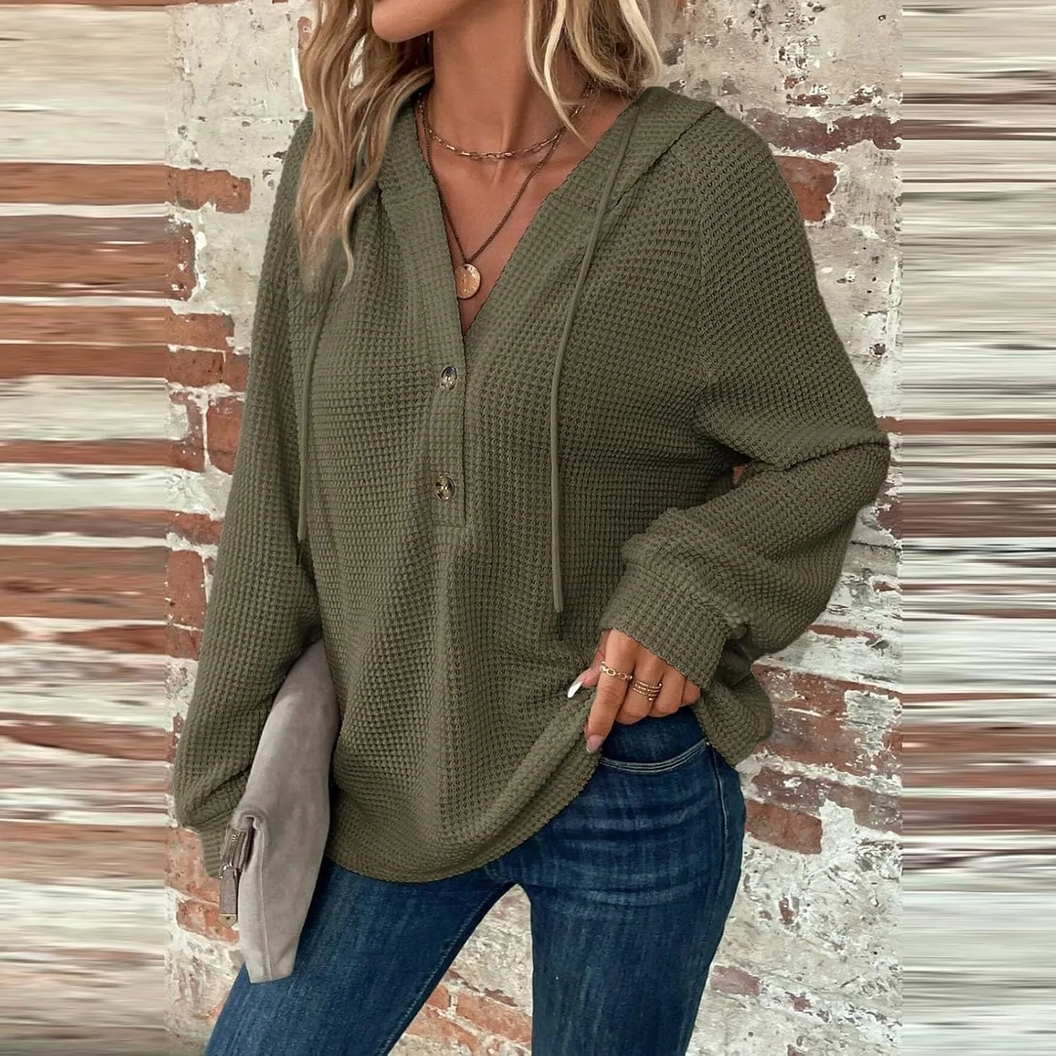 Hoodies for Women Waffle Knit Drawstring Button V Neck Hooded Oversized Sweatshirt Casual Comfy Pullover Sweater