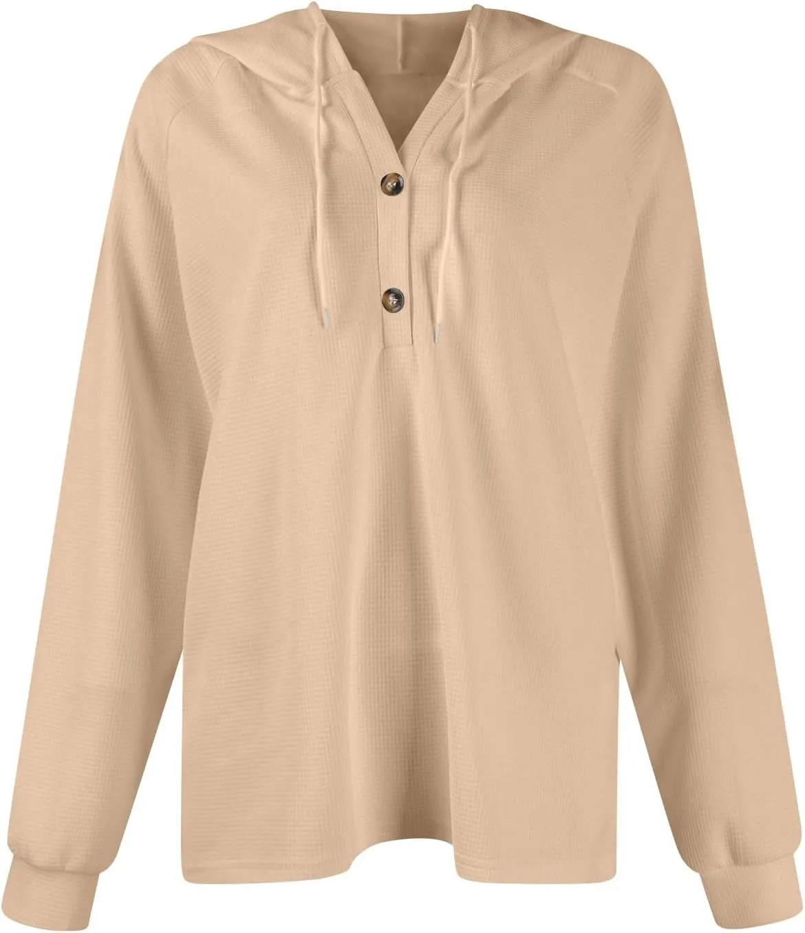 Hoodies for Women Waffle Knit Drawstring Button V Neck Hooded Oversized Sweatshirt Casual Comfy Pullover Sweater