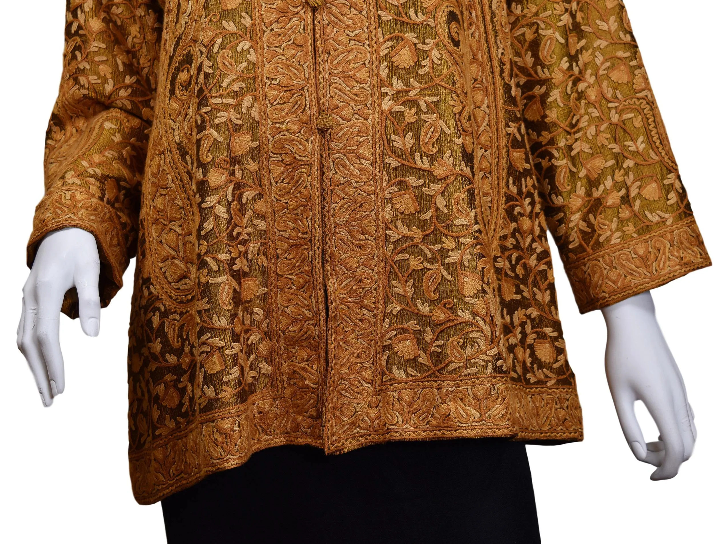 Horme Brown Gold Silk Dinner Jacket Paisley Evening Dress Coat Hand Embroidered Kashmir