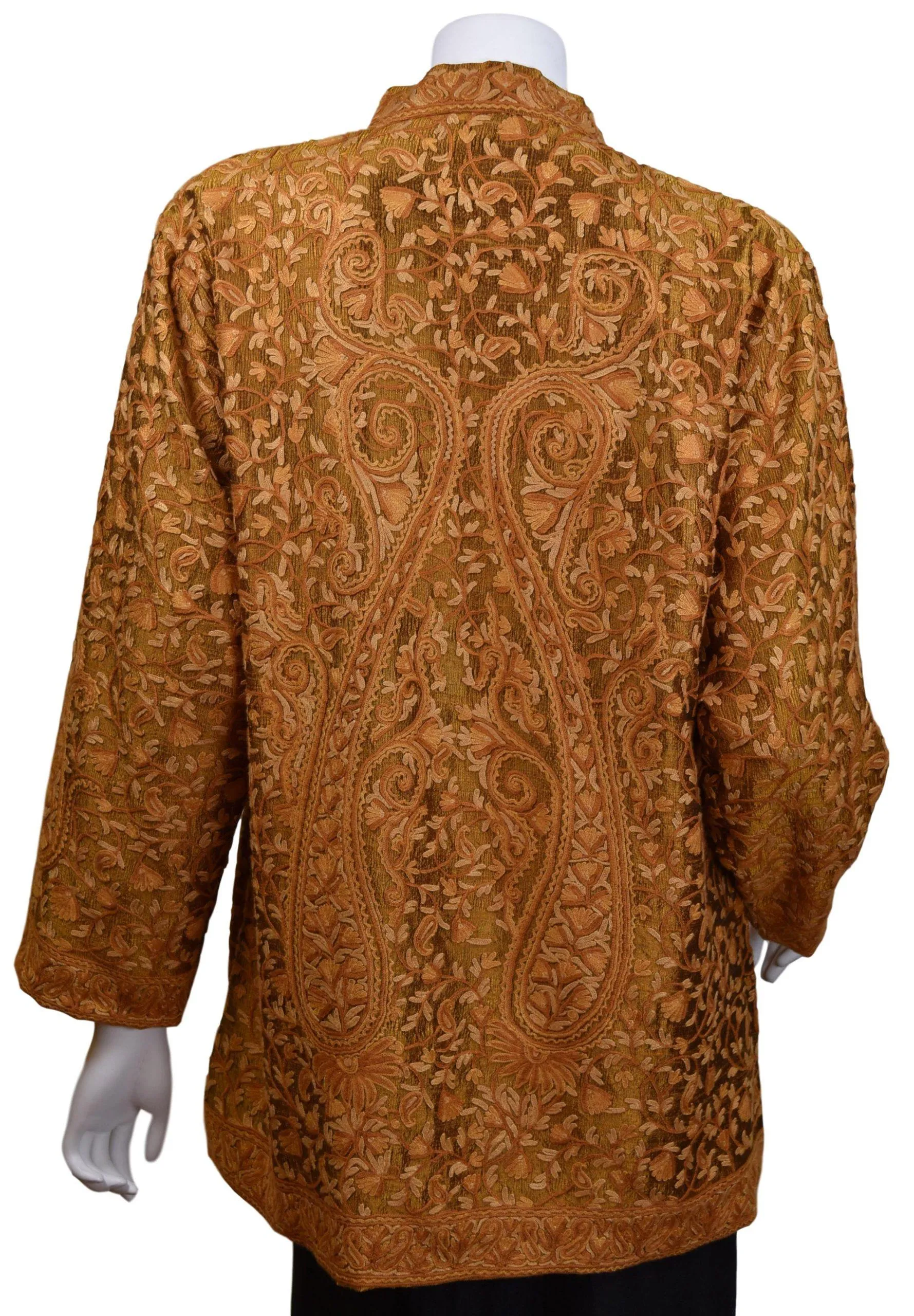 Horme Brown Gold Silk Dinner Jacket Paisley Evening Dress Coat Hand Embroidered Kashmir