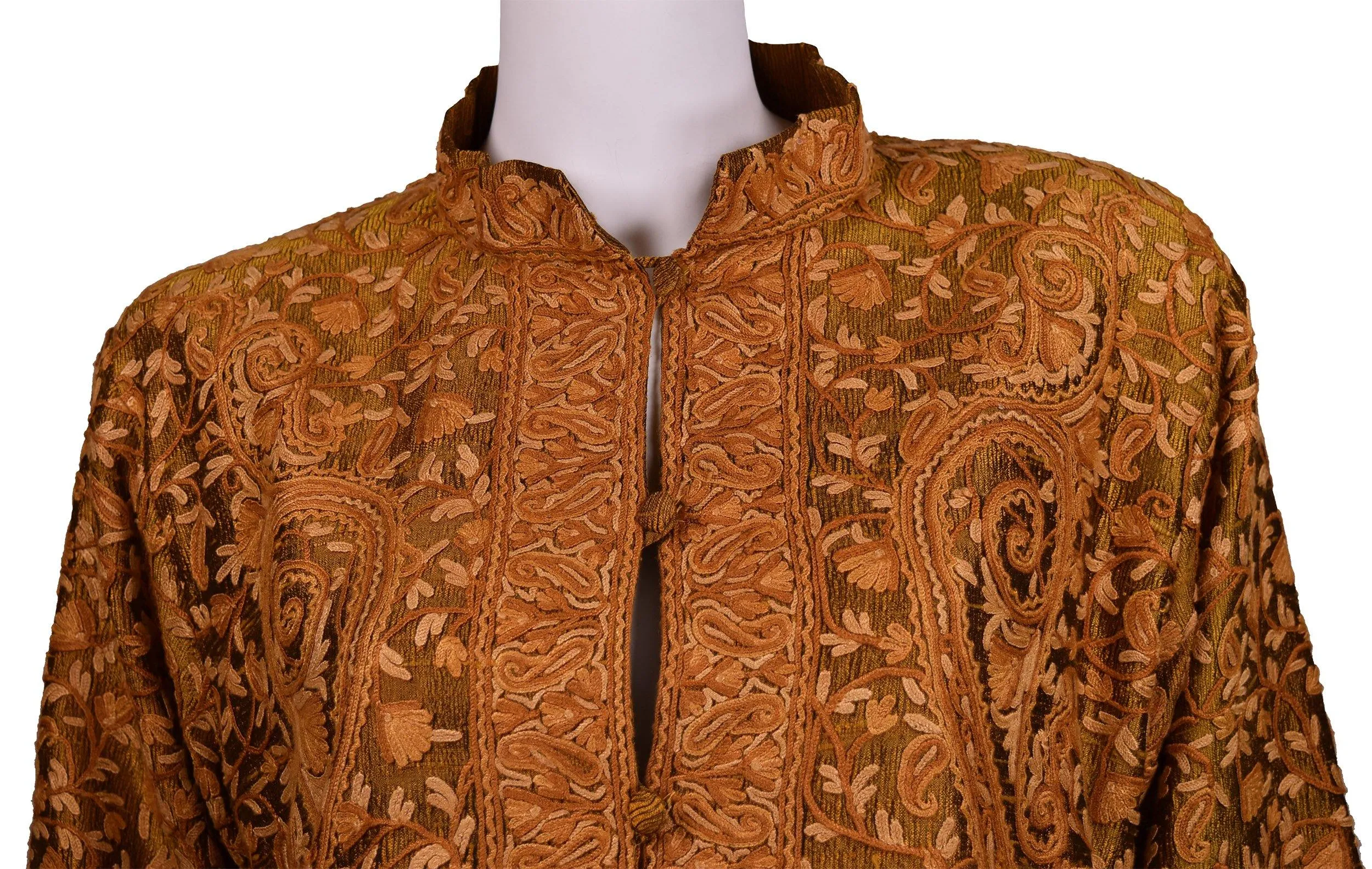 Horme Brown Gold Silk Dinner Jacket Paisley Evening Dress Coat Hand Embroidered Kashmir