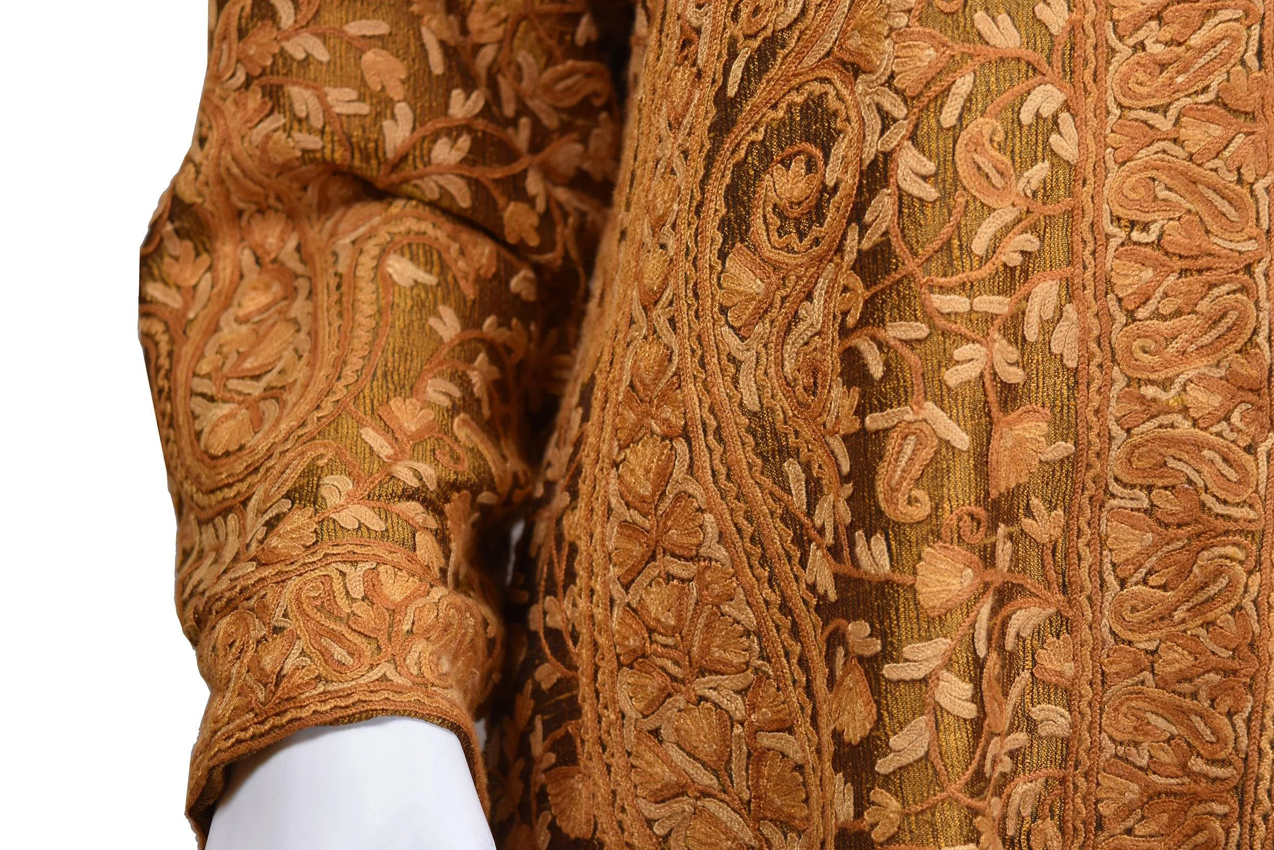 Horme Brown Gold Silk Dinner Jacket Paisley Evening Dress Coat Hand Embroidered Kashmir