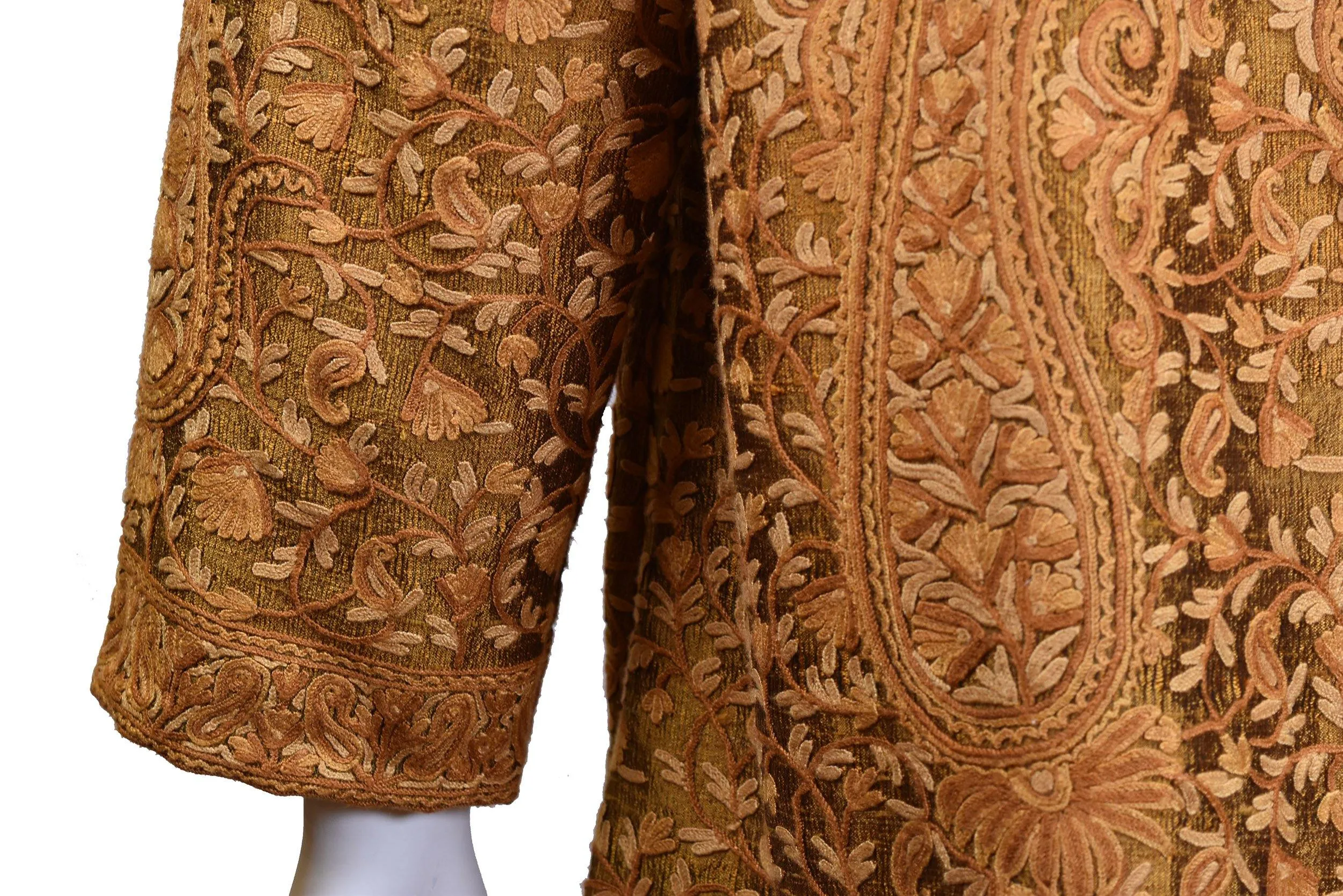 Horme Brown Gold Silk Dinner Jacket Paisley Evening Dress Coat Hand Embroidered Kashmir