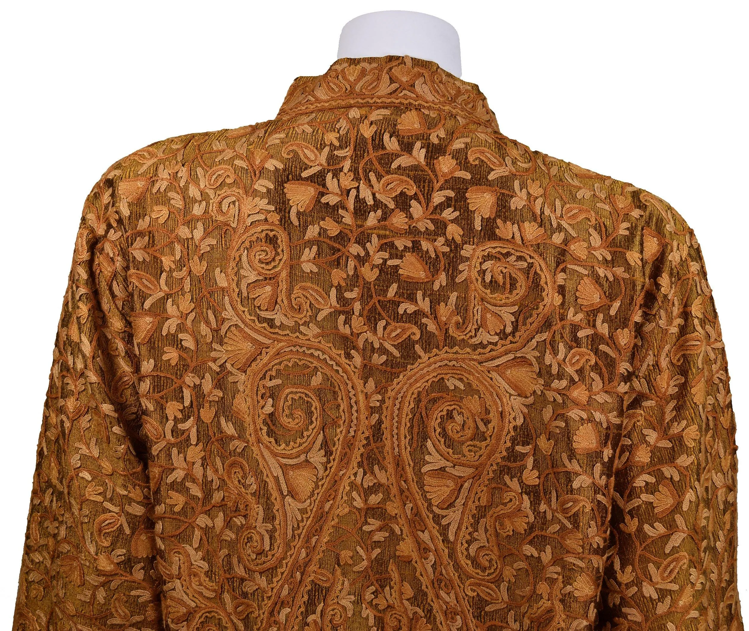 Horme Brown Gold Silk Dinner Jacket Paisley Evening Dress Coat Hand Embroidered Kashmir