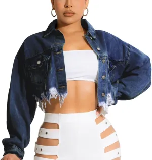 HTD Women's Cropped Jean Jacket Button Up Long Sleeve Ripped Distressed Denim Jacket Frayed Hem