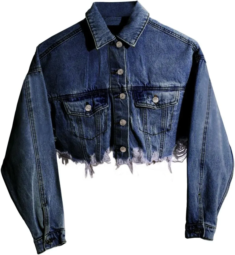 HTD Women's Cropped Jean Jacket Button Up Long Sleeve Ripped Distressed Denim Jacket Frayed Hem