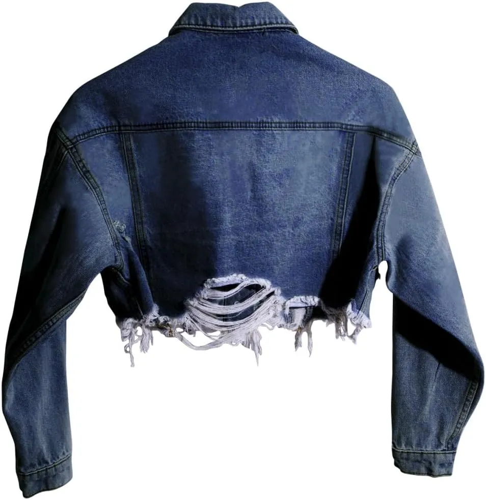 HTD Women's Cropped Jean Jacket Button Up Long Sleeve Ripped Distressed Denim Jacket Frayed Hem