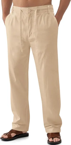 Janmid Men's Linen Pants Casual Elastic Waist Drawstring Yoga Beach Trousers