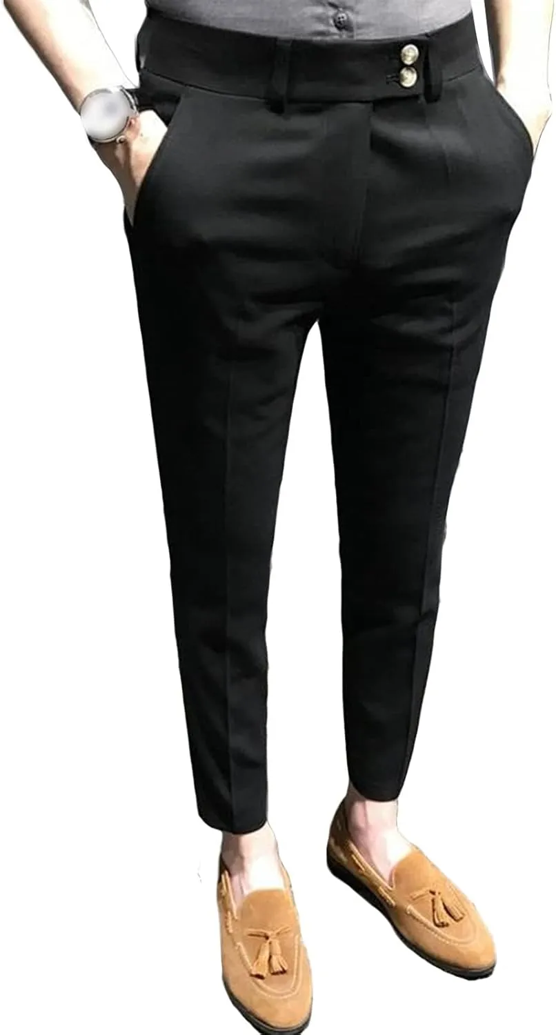 JEShifangjiusu Men's Chino Flat-Front Slim-Fit Pant Stretch Business Suit Pants Comfy Casual Straight Pants (28,Black), Black, 28