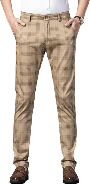 JEShifangjiusu Men's Dress Striped Plaid Pants Slim Fit Flat Front Business Trousers Cotton Stretch Suit Pants Trousers