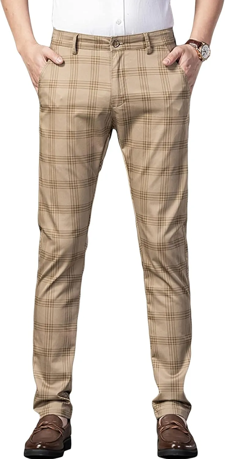 JEShifangjiusu Men's Dress Striped Plaid Pants Slim Fit Flat Front Business Trousers Cotton Stretch Suit Pants Trousers