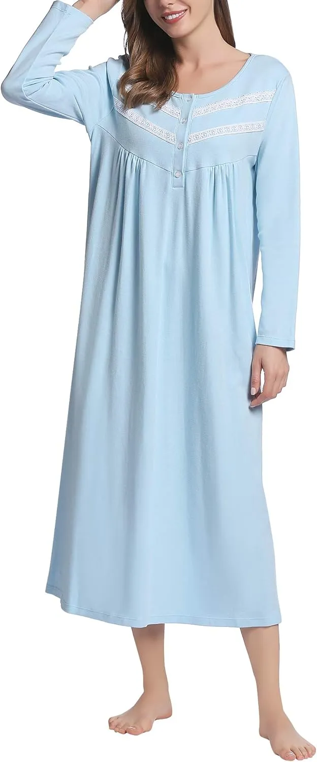 Joyaria Women's Double Brushed Cotton Nightgown - 100% Natural Fiber Sleepwear, Cozy Warm Long Sleeve Full Length loungewear