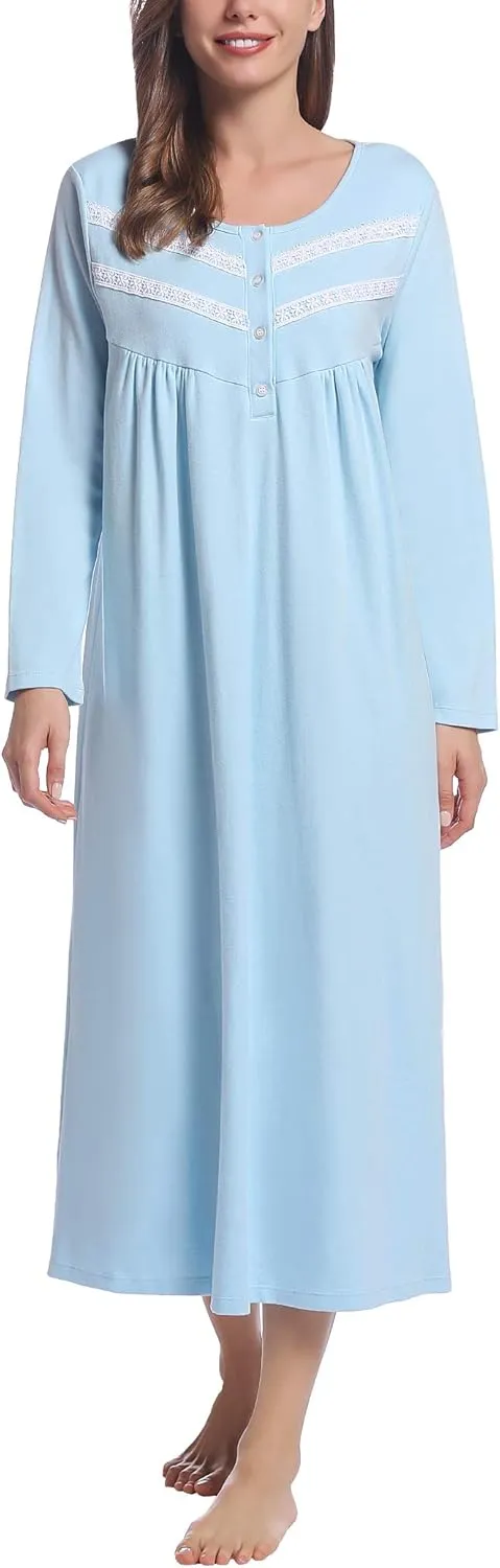 Joyaria Women's Double Brushed Cotton Nightgown - 100% Natural Fiber Sleepwear, Cozy Warm Long Sleeve Full Length loungewear