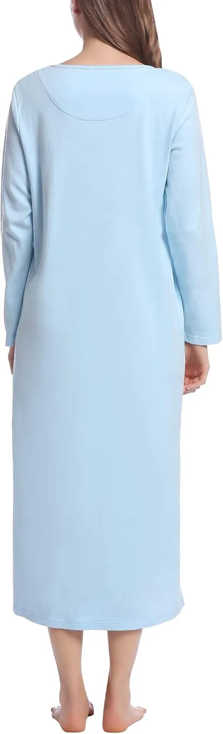 Joyaria Women's Double Brushed Cotton Nightgown - 100% Natural Fiber Sleepwear, Cozy Warm Long Sleeve Full Length loungewear