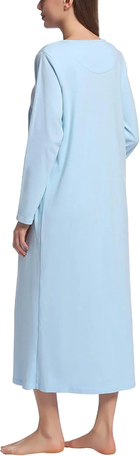 Joyaria Women's Double Brushed Cotton Nightgown - 100% Natural Fiber Sleepwear, Cozy Warm Long Sleeve Full Length loungewear