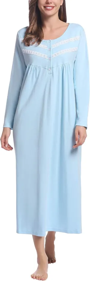 Joyaria Women's Double Brushed Cotton Nightgown - 100% Natural Fiber Sleepwear, Cozy Warm Long Sleeve Full Length loungewear