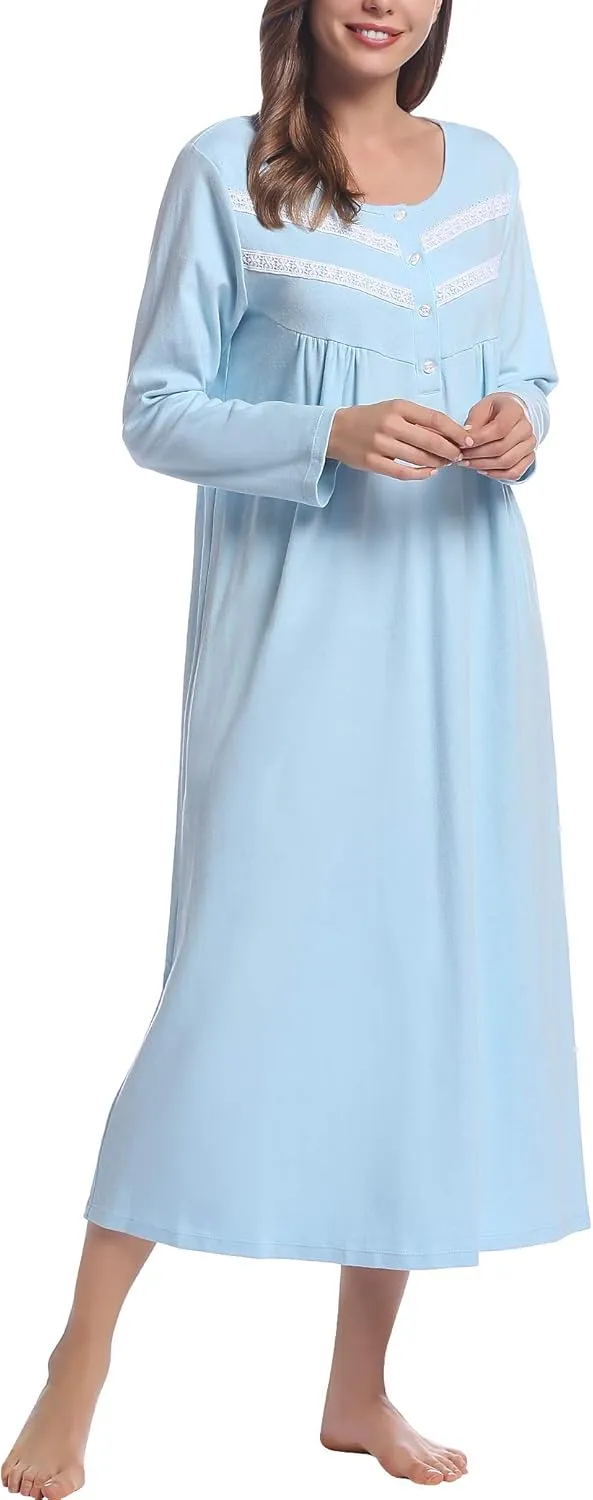 Joyaria Women's Double Brushed Cotton Nightgown - 100% Natural Fiber Sleepwear, Cozy Warm Long Sleeve Full Length loungewear