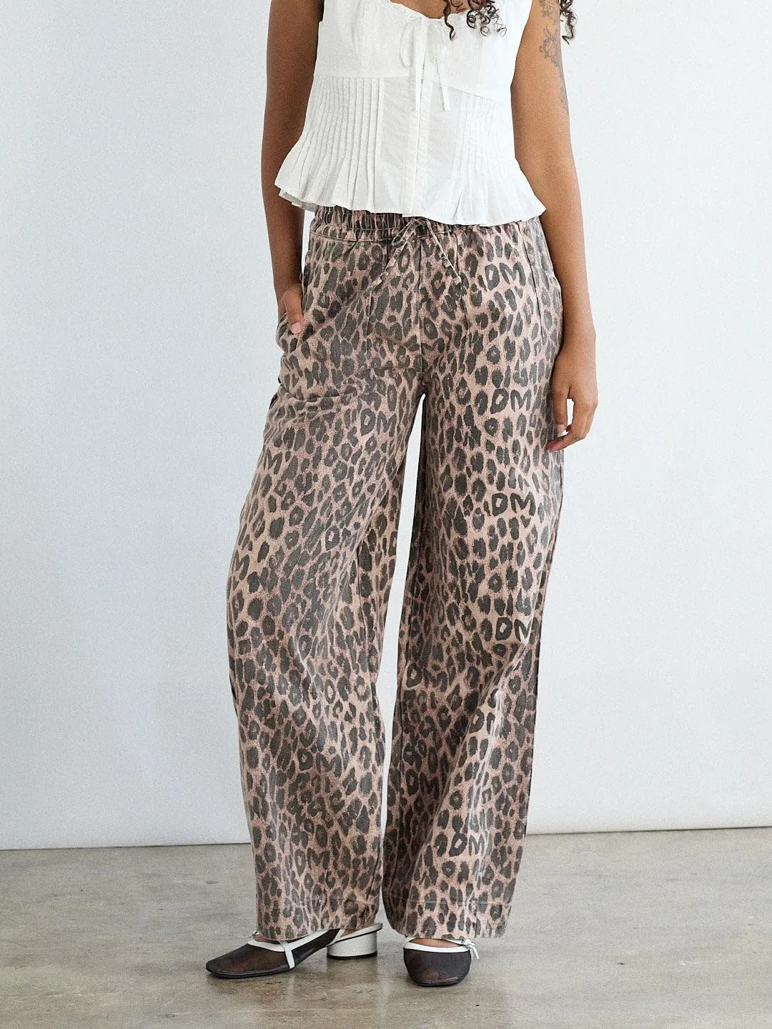 Kedera Women's Leopard Print Jeans Baggy Wide Leg Trousers Mid Rise Y2K Jeans Loose Elastic Waist Drawstring Pants