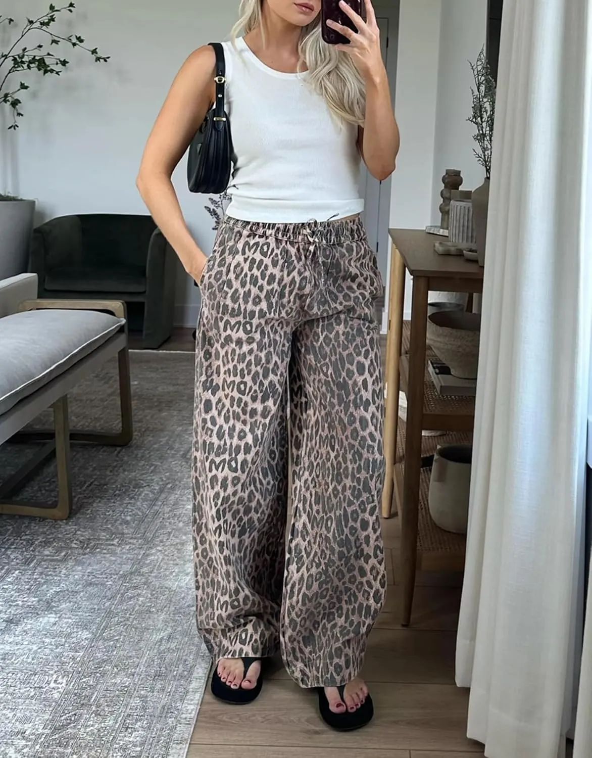 Kedera Women's Leopard Print Jeans Baggy Wide Leg Trousers Mid Rise Y2K Jeans Loose Elastic Waist Drawstring Pants