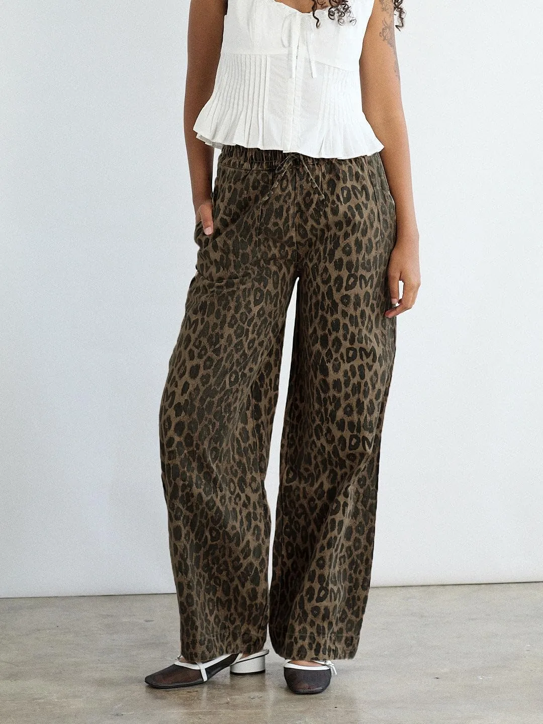 Kedera Women's Leopard Print Jeans Baggy Wide Leg Trousers Mid Rise Y2K Jeans Loose Elastic Waist Drawstring Pants