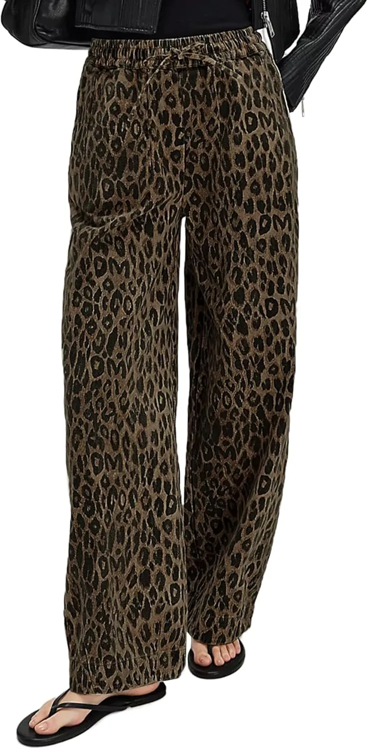 Kedera Women's Leopard Print Jeans Baggy Wide Leg Trousers Mid Rise Y2K Jeans Loose Elastic Waist Drawstring Pants