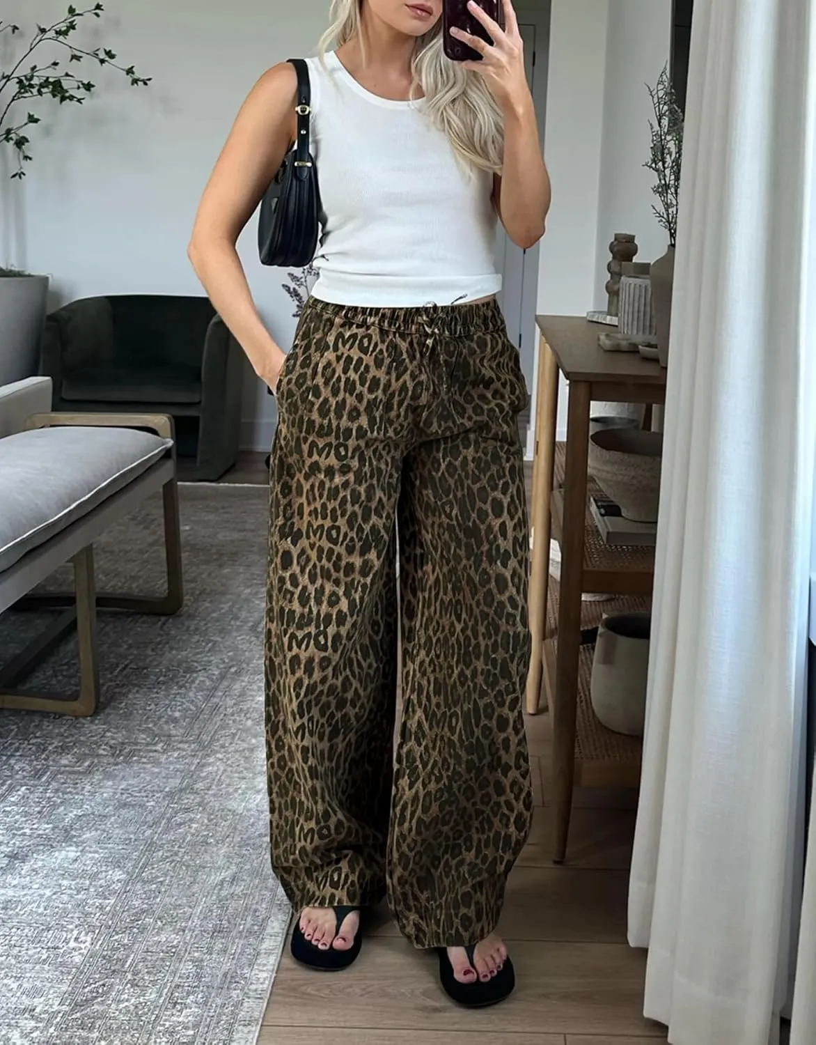 Kedera Women's Leopard Print Jeans Baggy Wide Leg Trousers Mid Rise Y2K Jeans Loose Elastic Waist Drawstring Pants