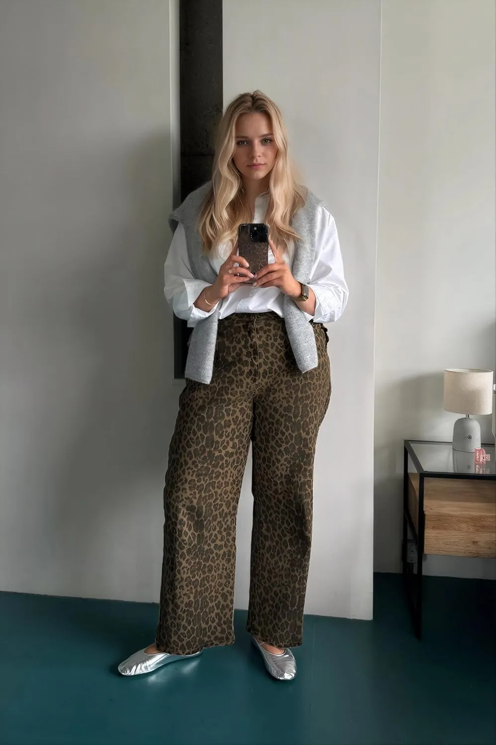 Kedera Women's Leopard Print Jeans Baggy Wide Leg Trousers Mid Rise Y2K Jeans Loose Elastic Waist Drawstring Pants