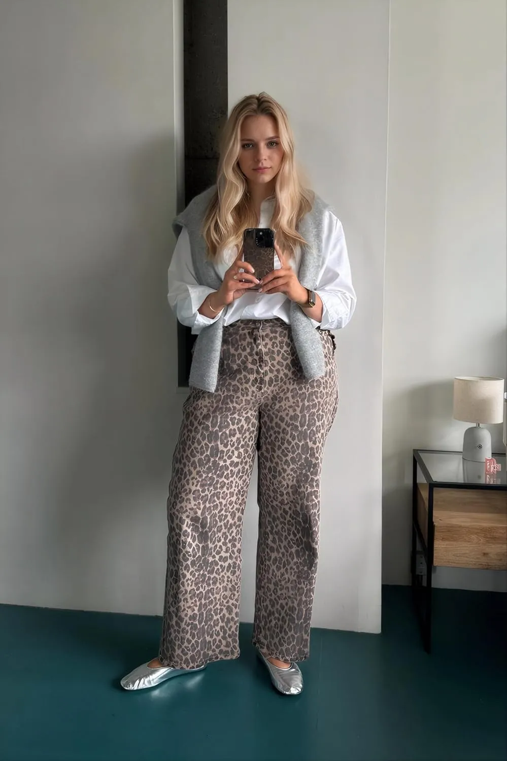 Kedera Women's Leopard Print Jeans Baggy Wide Leg Trousers Mid Rise Y2K Jeans Loose Elastic Waist Drawstring Pants
