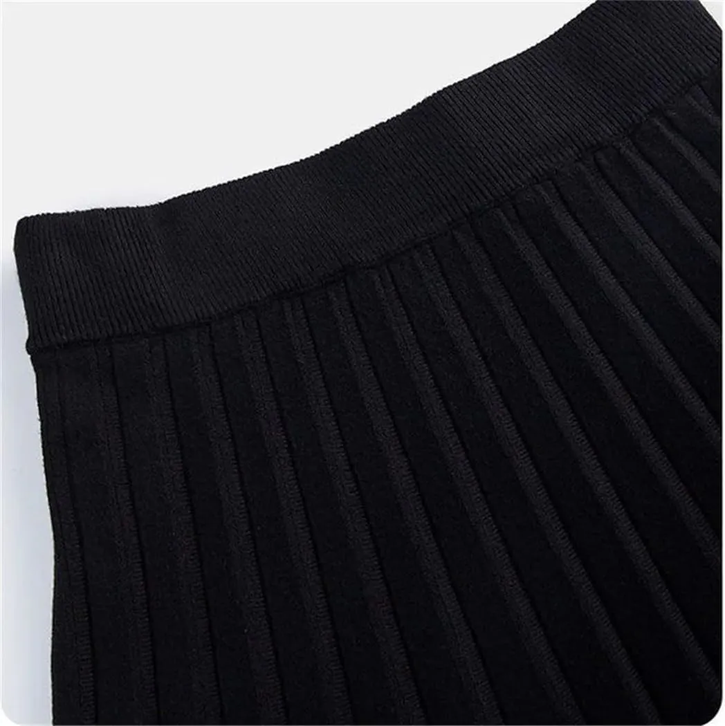 Knitted Midi Pleated Skirt Women Elegant A-Line High Waist Long Skirt Korean Solid Autumn Winter Skirt