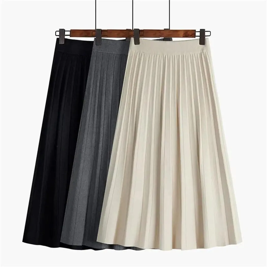 Knitted Midi Pleated Skirt Women Elegant A-Line High Waist Long Skirt Korean Solid Autumn Winter Skirt