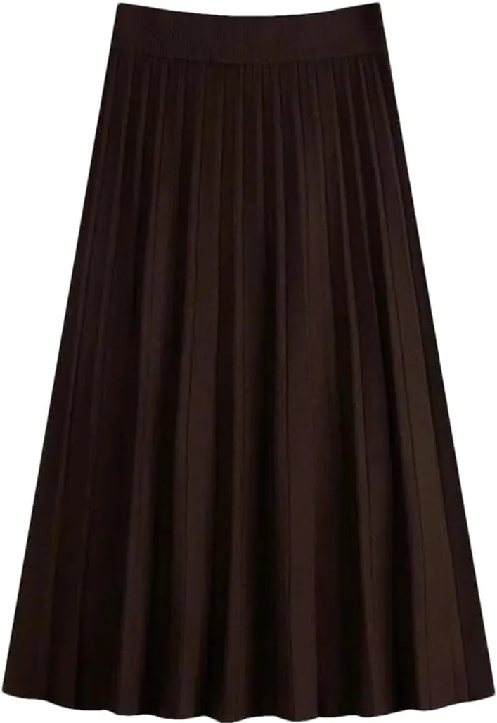 Knitted Midi Pleated Skirt Women Elegant A-Line High Waist Long Skirt Korean Solid Autumn Winter Skirt