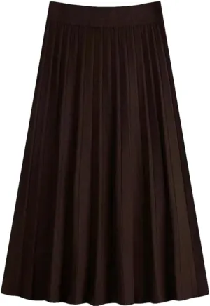 Knitted Midi Pleated Skirt Women Elegant A-Line High Waist Long Skirt Korean Solid Autumn Winter Skirt