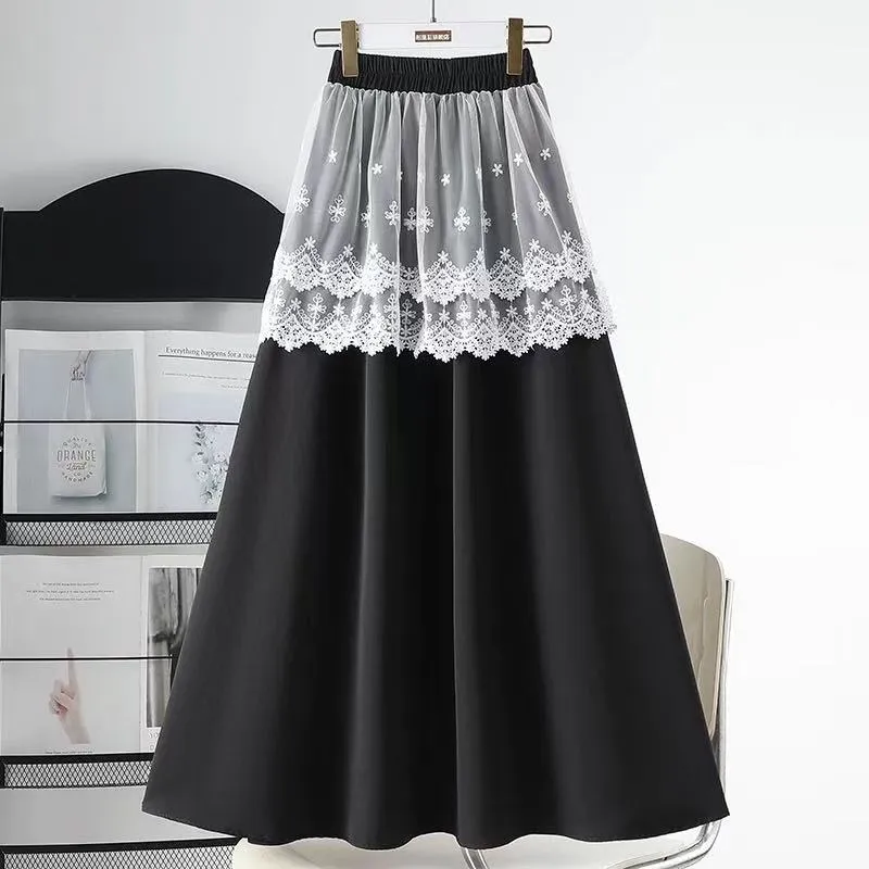 Lace Curtain Ice Silk High Waist Mid Cutout Skirt