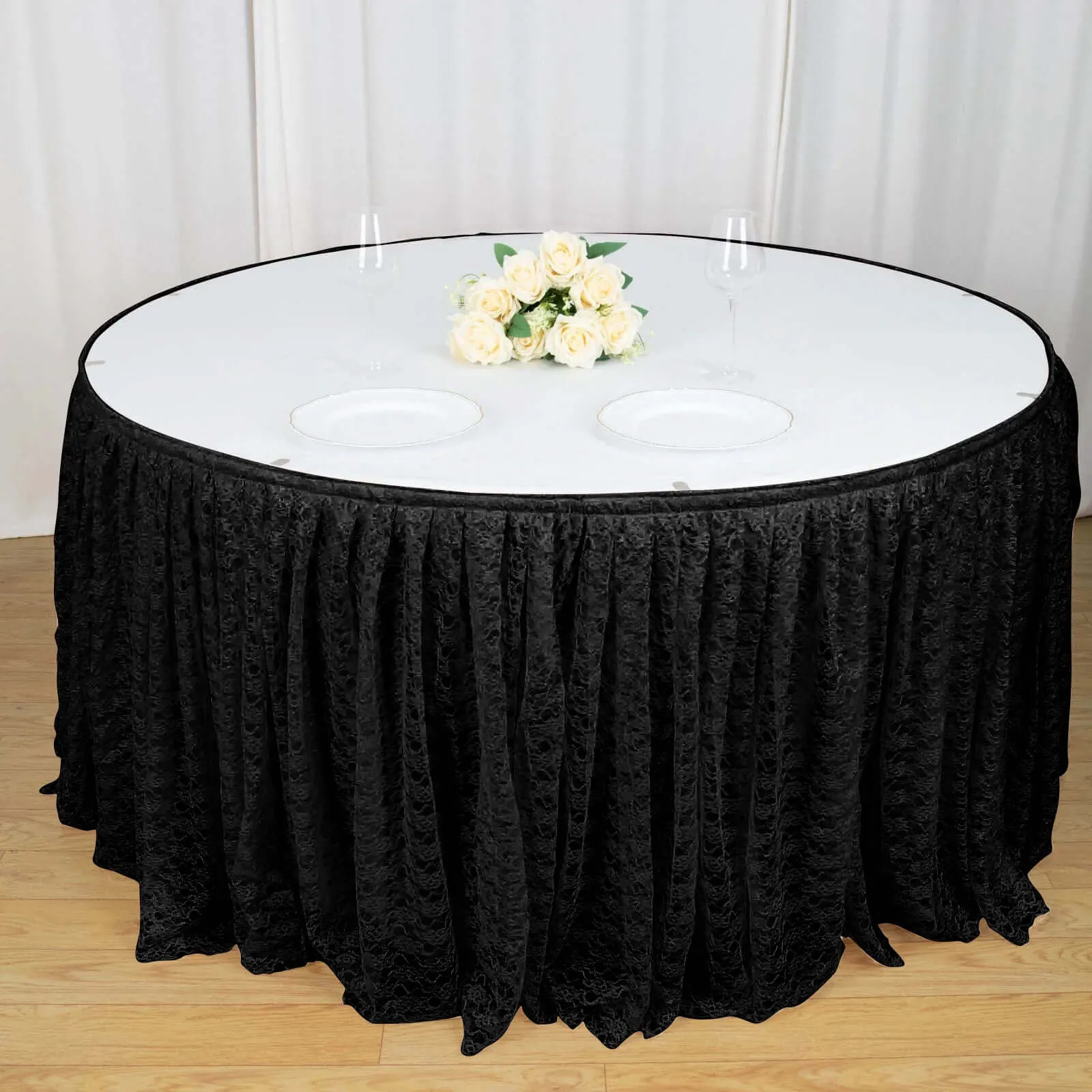 Lace Table Skirt 14ft Black - Premium Pleated Vintage Style for Parties