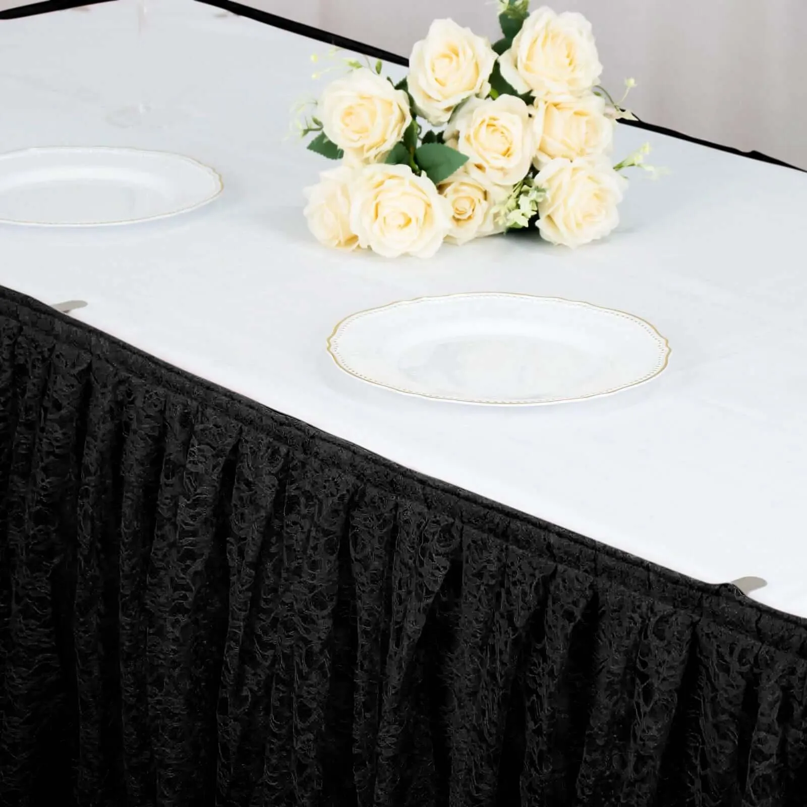 Lace Table Skirt 14ft Black - Premium Pleated Vintage Style for Parties