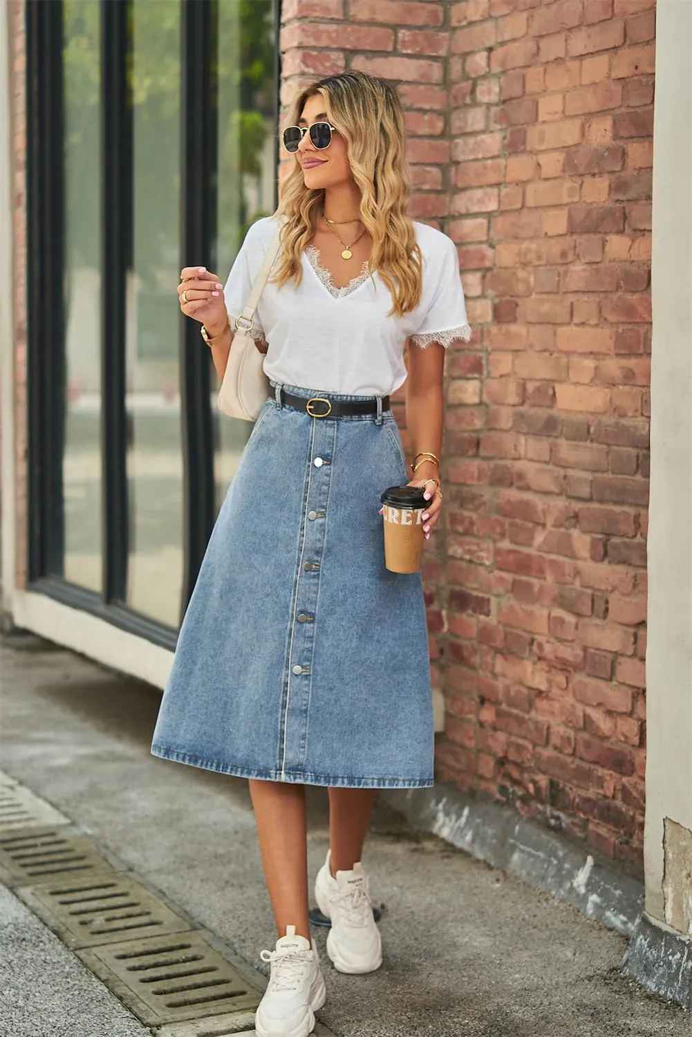 LAFOURAM Womens Denim Skirt Knee Length A Line Y2K Trendy Flared Midi Jean Skirts