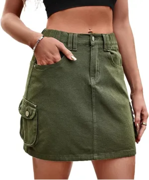 LAFOURAM Womens Denim Skirt Summer with Pockets High Waisted Trendy Cargo Mini Jean Skirts