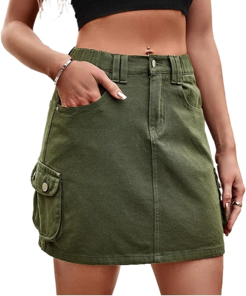 LAFOURAM Womens Denim Skirt Summer with Pockets High Waisted Trendy Cargo Mini Jean Skirts