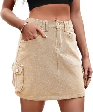 LAFOURAM Womens Denim Skirt Summer with Pockets High Waisted Trendy Cargo Mini Jean Skirts