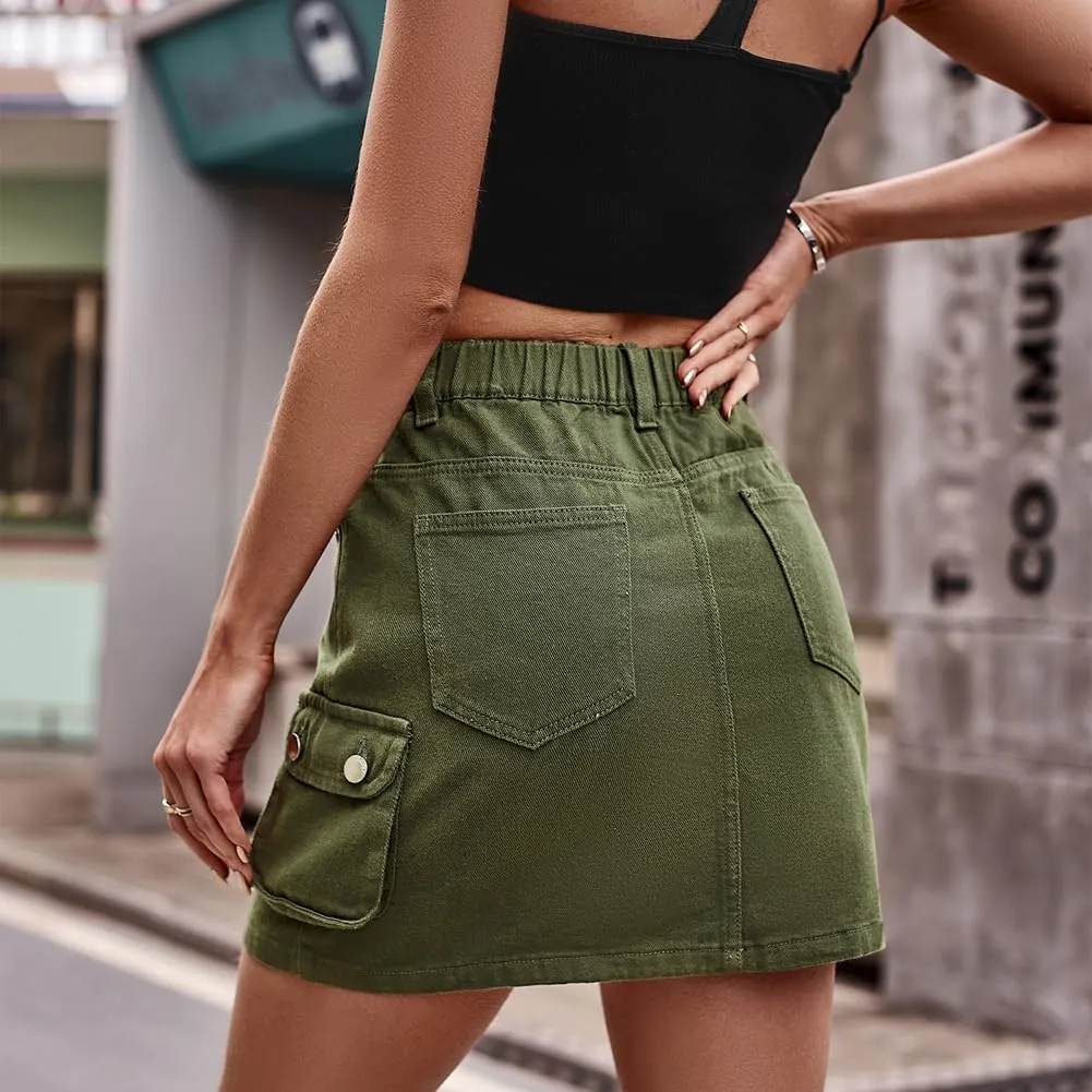 LAFOURAM Womens Denim Skirt Summer with Pockets High Waisted Trendy Cargo Mini Jean Skirts